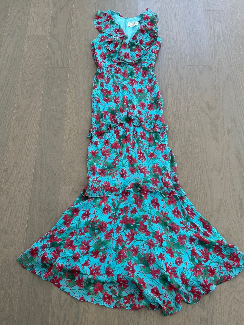 SALONI Rita Silk Maxi Dress Teal Blue Aquarium Floral Ruffle Sleeveless - US 2 - Picture 2 of 12